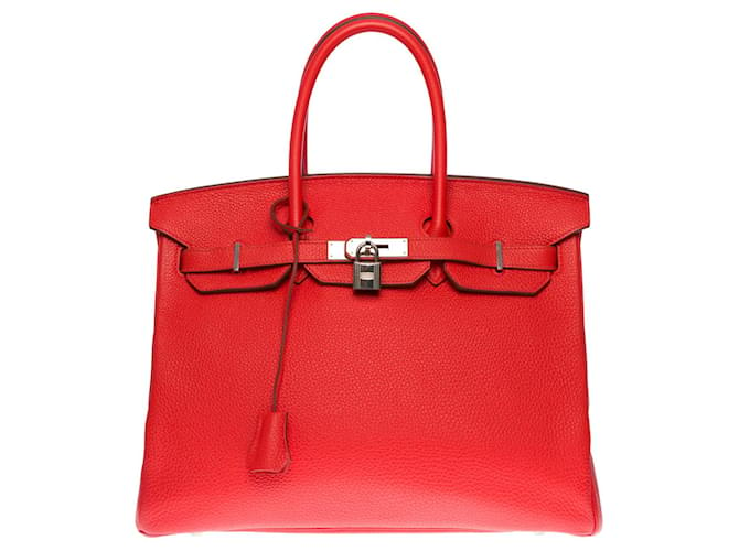 Bolso Birkin Luminous Hermès 35 en cuero Togo rojo capuchino, adornos de metal plateado paladio Roja  ref.397972