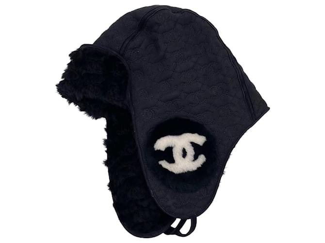 Chanel black shearling mouton aviator hat