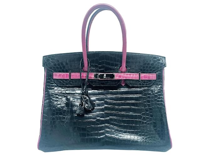 Hermès herms birkiN 35 Negro Rosa Cueros exoticos  ref.398254