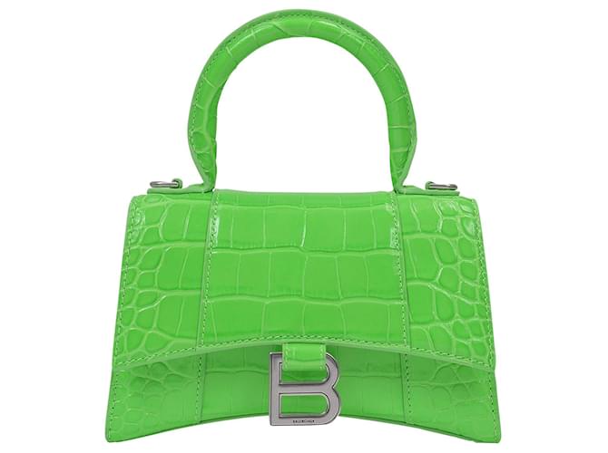 Balenciaga Bolso Xs con asa superior Hour en piel de becerro cocodrilo en relieve brillante verde fluo Cuero  ref.398367