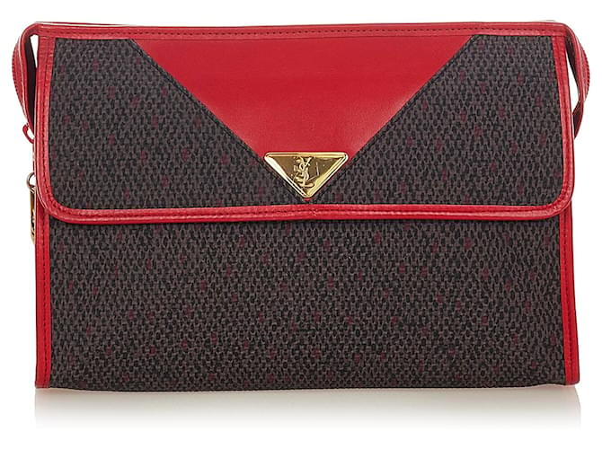 Yves Saint Laurent YSL Gray Canvas Clutch Bag Red Grey Leather Cloth Pony-style calfskin Cloth  ref.398456