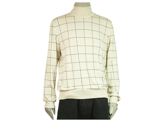 Alfred Dunhill Pull beige Dunhill 100% Laine tricoté col roulé Check Mens Top taille XL  ref.398623
