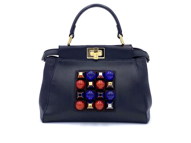 Fendi Peekaboo mini bag in black leather with large pyramid & sphere embellishment  ref.399182