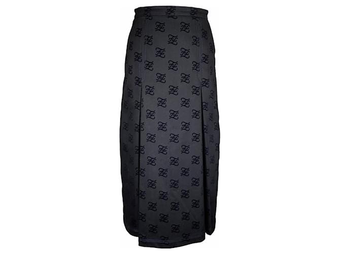 Jupe longue Fendi Karligraphy en denim noir avec logo en velours Coton  ref.399226