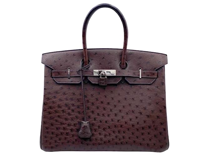 Hermès HERMES BIRKIN 35 in Moka ostrich with PHW Brown Leather  ref.399230