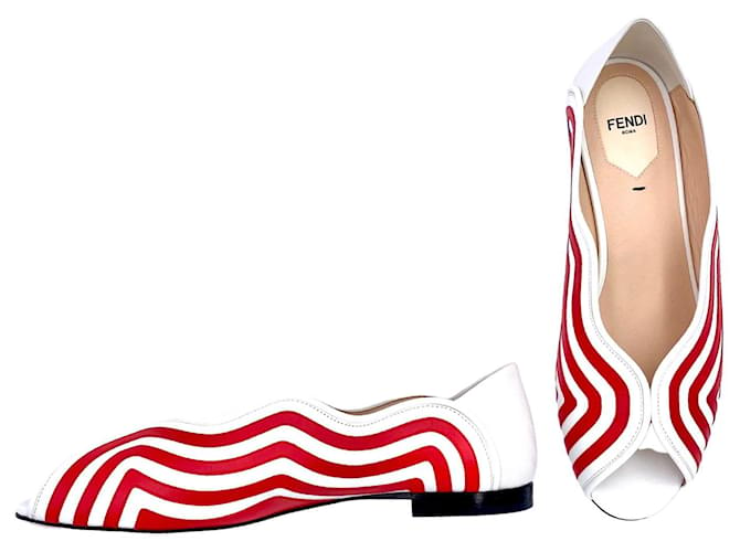 Fendi Wave peeptoe flats in white leather with red stripes  ref.399245