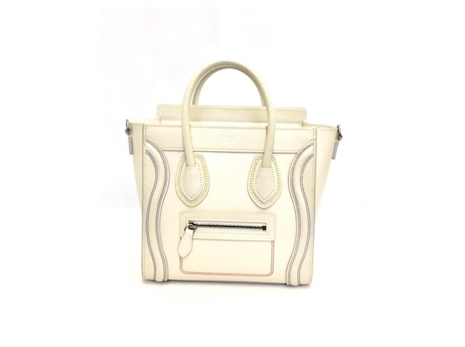 Céline Nano Luggage bag in cream leather with red, yellow & blue stitch trim White  ref.399332
