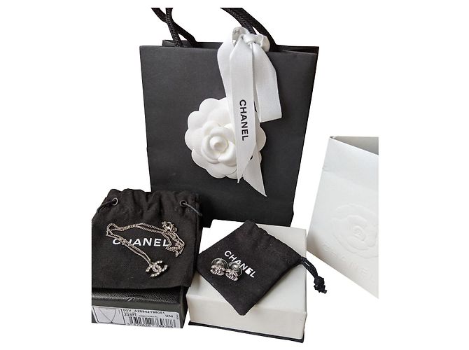 Chanel CC Classic Timeless Collana e orecchini Crystal SHW Set Argento