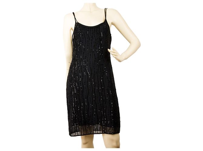 MCM Cocktailkleid mit Spaghettiärmeln und Perlen 38 Schwarz
