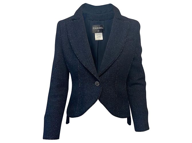 Timeless Chanel Einreihige Jacke aus blauem Tweed