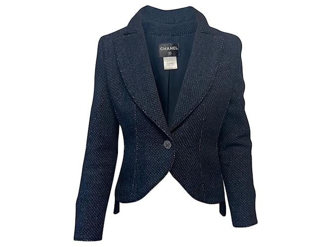 Classique Veste Chanel simple boutonnage en tweed bleu Coton  ref.399939