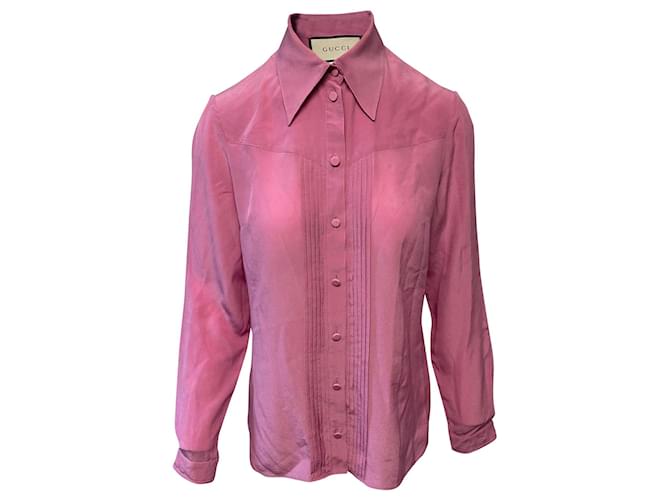 Gucci Pleated Long Sleeve Shirt in Pink Silk  ref.399945