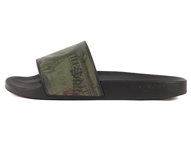 [Gebraucht] GIVENCHY Slide Sandalen mit Gelddruck Duschsandalen Schwarz Khaki 43 Gummi  ref.400203