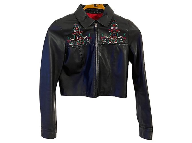 Kenzo Jeans Lederjacke schwarz mit Stickerei