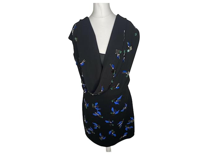 Diane Von Furstenberg DvF Giulia verziertes Kleid mit Wasserfallausschnitt Schwarz Silber Blau Grün Seide Polyester Triacetat  ref.400264