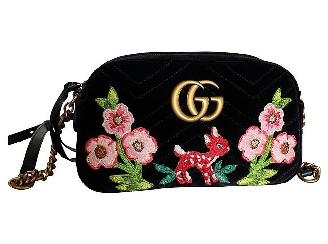 Borsa a mano Gucci Marmont Small in velluto nero e rosa Arancione Verde scuro Gold hardware