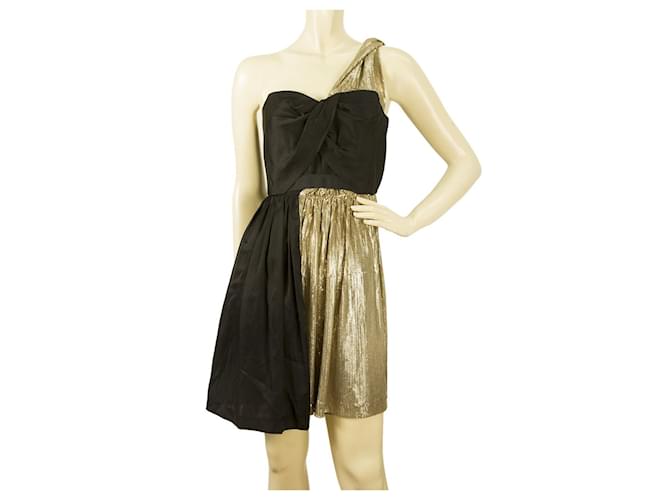 Whistles Black Gold Paneled One Shoulder Draped Mini Dress size UK 10 eu 38 Golden Cotton  ref.400508