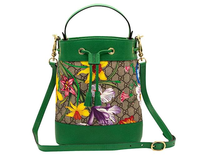 Gucci Ophidia GG Flora Small Bucket Green - limited edition Multiple colors Leather Cloth  ref.400785