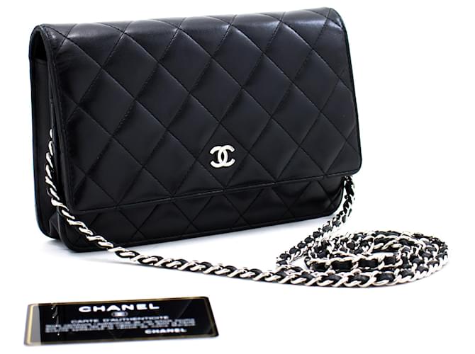 Wallet On Chain CHANEL Cartera clásica negra con cadena Bolso de hombro WOC Crossbody Negro Cuero  ref.400985