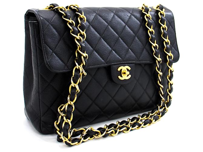 Chanel Jumbo caviale 11Trapunta nera con patta per borsa a tracolla grande catena Nero Pelle  ref.400988