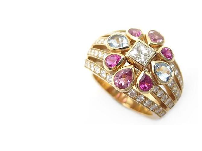 CHANEL BAUMER T RING54 ROSE GOLD DIAMONDS AQUARTED MARINES TOURMALINES RING Golden Pink gold  ref.401213