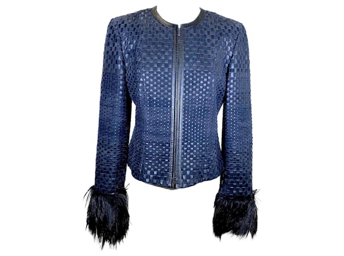 Jaqueta de couro Armani Collezioni em couro preto e & camurça azul marinho com detalhes em pele Suécia  ref.401233