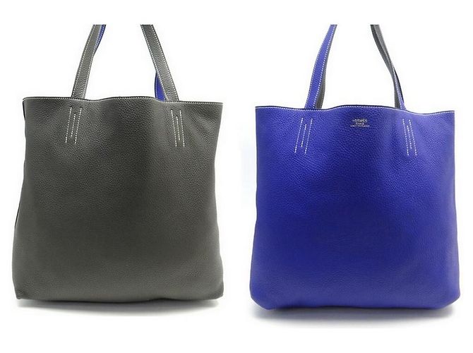 Double sens Hermès BORSA A MANO SENSE foderata HERMES 36 BORSA SHOPPER IN PELLE BLU E GRIGIA CLEMENCE