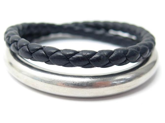BRACCIALE CHRISTOFLE DUO COMPLICE foderato TOUR T1 ARGENTO MASSICCIO E PELLE INTRECCIATA Blu