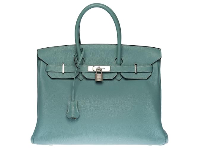 Espléndido bolso de mano Hermès Birkin 35 cm en cuero Togo celeste, adornos de metal plateado paladio Azul claro  ref.401913