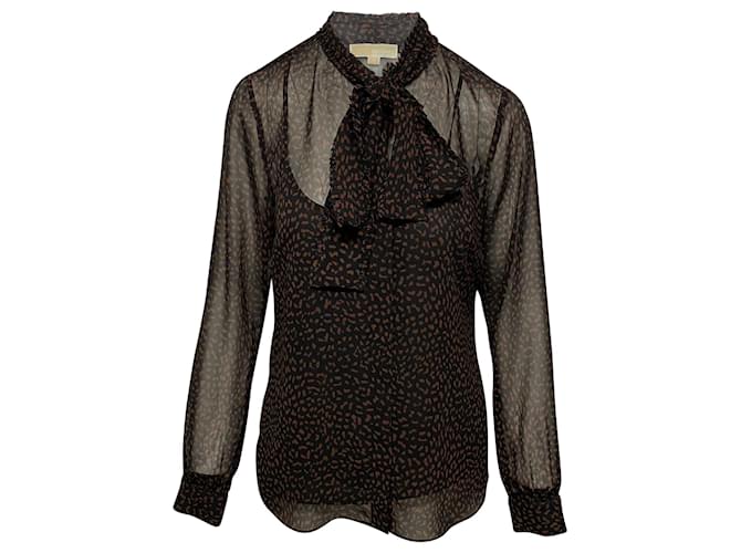 Michael Kors Pussy Bow Printed Chiffon Blouse in Brown Polyester  ref.401917