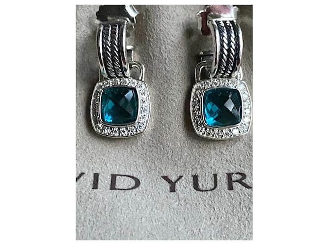 David Yurman Albion hampton blue topaz & Diamond 7mm x 7mm drop earrings Dark blue Silver hardware  ref.402207