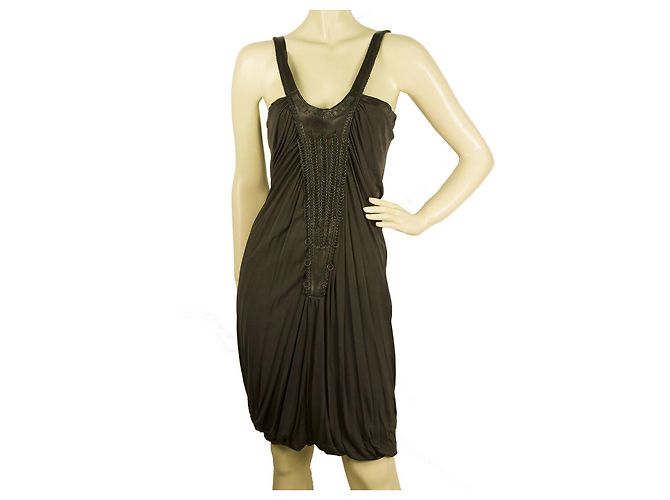 Yigal Azrouel Schwarzes Leder Panel Rotguss Ringe Drapierte Blase Kleid Größe 1