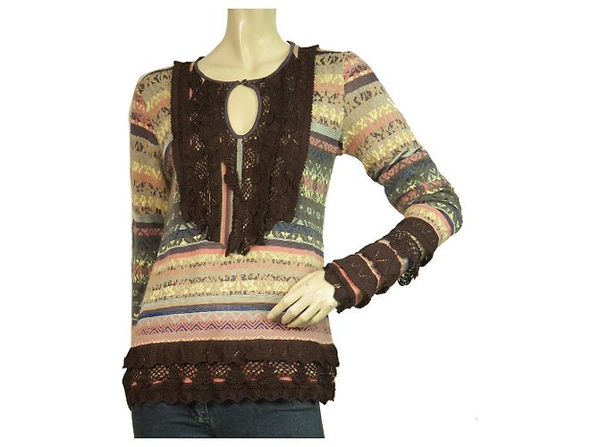 Christian Lacroix Top multicolor w. Jersey de lana con volantes de punto crochet Talla XL