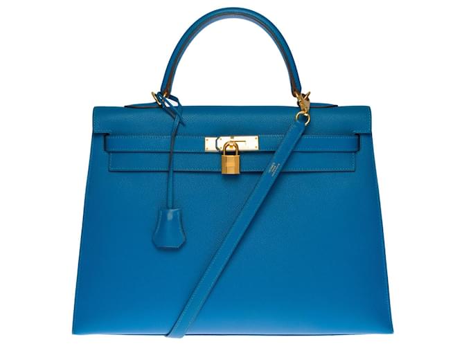 Hermès Exceptionnel Sac Hermes Kelly 35 cm sellier bandoulière en cuir Epsom bleu Mykonos , garniture en métal plaqué or  ref.402343