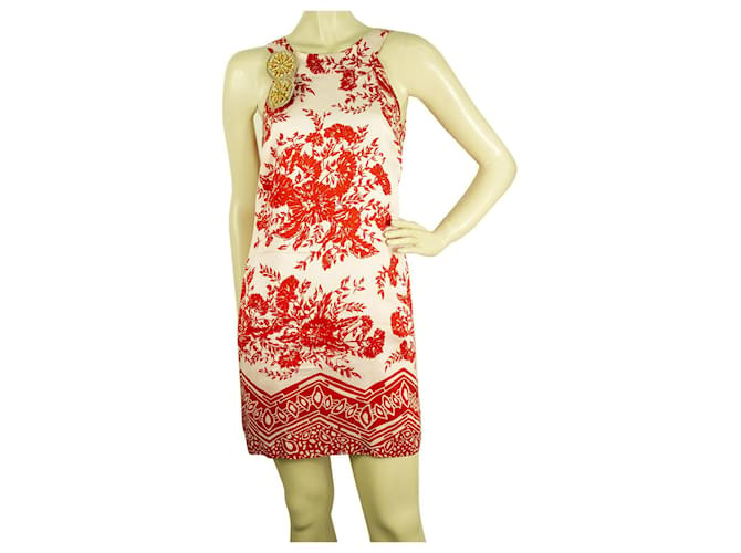 Mini-robe d'été en soie sans manches à fleurs Tibi blanc cassé et rouge - Sz 4  ref.402359