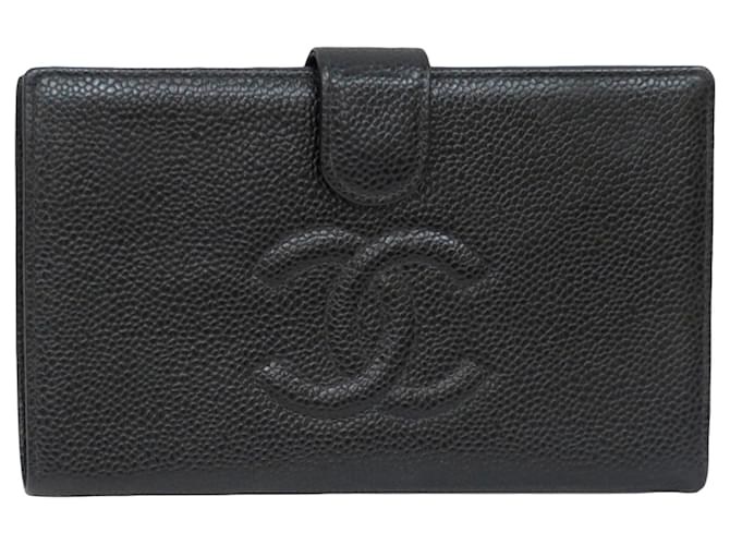 Portafoglio lungo in pelle di caviale nero CC Chanel  ref.402738
