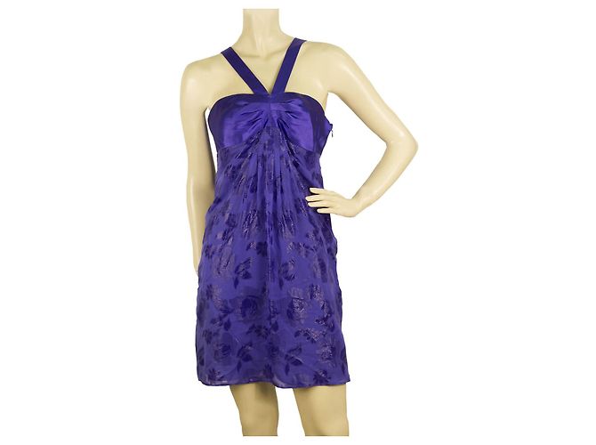 Mini vestido sem mangas Tibi Silk Floral Daisies Jacquard Roxo Y com decote em Y -SZ 4