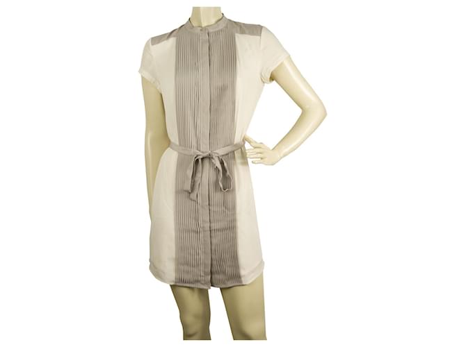 Armani Exchange White Gray Small Pleats Belted Mini Length Shirt dress size 0 Grey Polyester  ref.402850