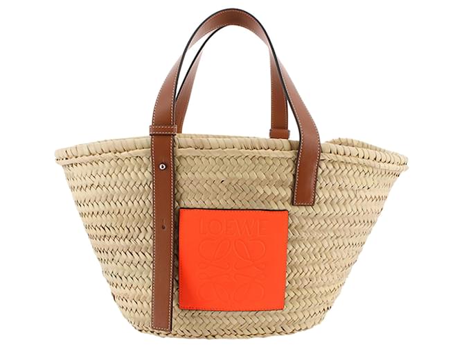 Beige Anagram small leather-trimmed woven basket bag, LOEWE