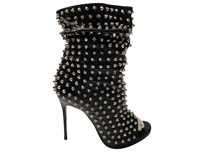 Christian Louboutin Guerilla 120 Spikes Open Toe Ankle Boot in Black Leather  ref.403508