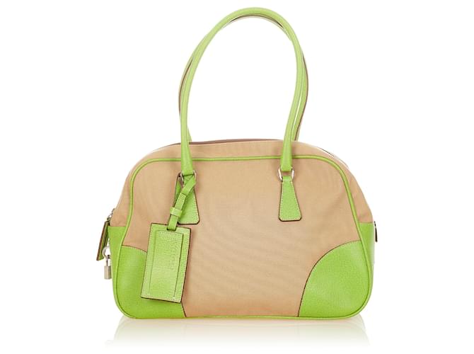 Prada Brown Canapa Bauletto Handbag Beige Green Leather Cloth Pony-style calfskin Cloth  ref.403816