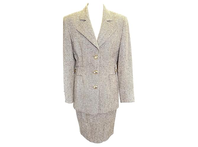 Valentino vintage skirt suit tweed with large goldtone turtle buttons Brown Acetate Cellulose fibre  ref.403874
