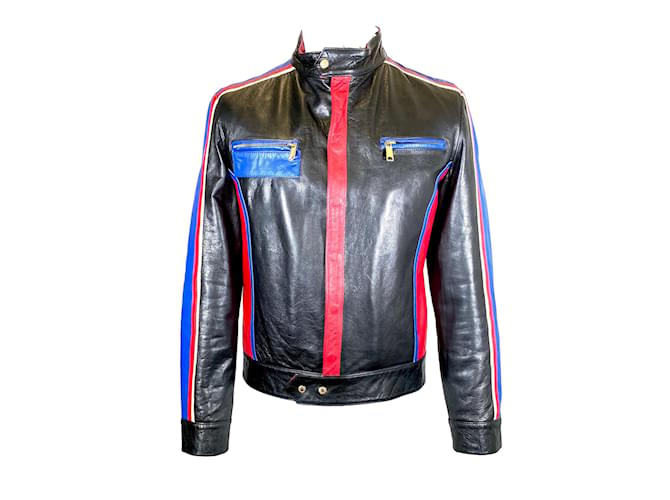 Dolce & Gabbana biker jacket in blue red and black leather  -  Joli Closet