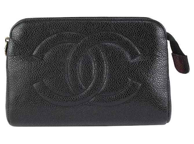 Timeless Chanel Estojo cosmético bolsa para higiene pessoal com logotipo preto caviar CC atemporal Couro  ref.403975