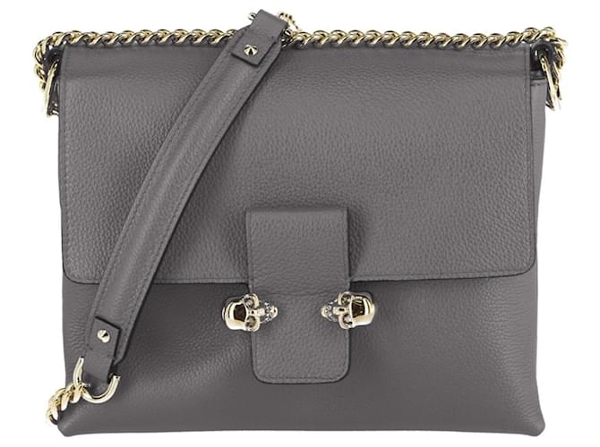 Alexander Mcqueen Medium Leather Skull-Detail Crossbody Grey  ref.404333