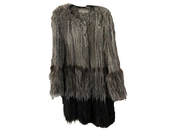 Gerard Darel Grey Rabbit and Fox Fur Coat