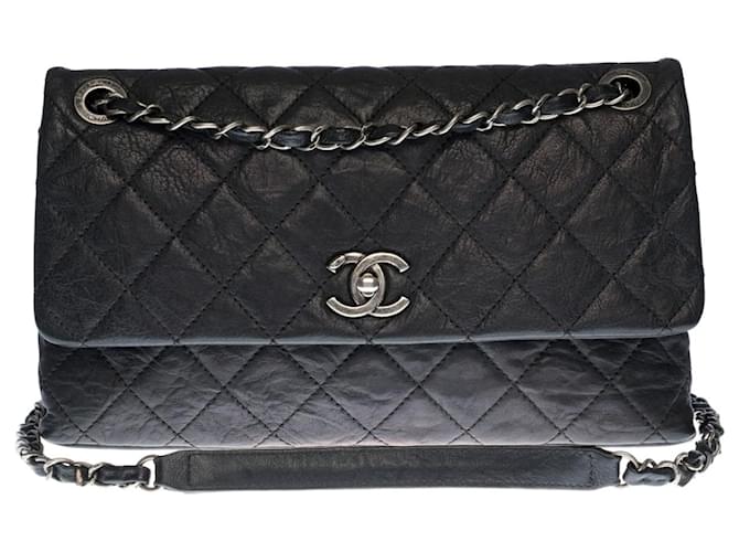 Très chic et Rare sac bandoulière Chanel Classique "31 rue Cambon" single flap en cuir matelassé noir, garniture en métal argent vieilli  ref.404413