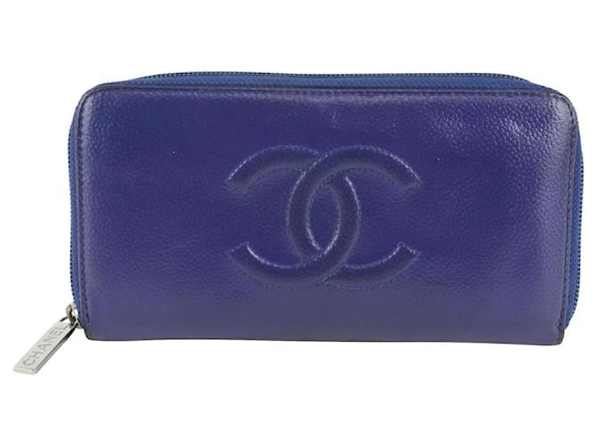 Chanel Carteira longa com zíper em couro caviar azul royal escuro CC logotipo L-Gusset  ref.404493