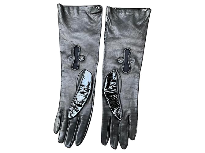 Sublimes gants long Prada Cuir vernis Cuir d'agneau Noir  ref.404683