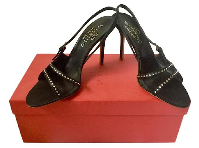 Valentino Garavani Sandaletten aus schwarzem Satin mit Kristallverzierungen Leder Seide  ref.404988